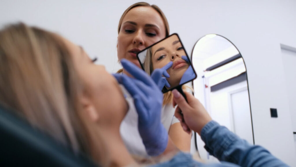 Image of patient examining her results in the mirror being held by a Spa 29 provider after getting Emface near Hickory Bluff, GA.